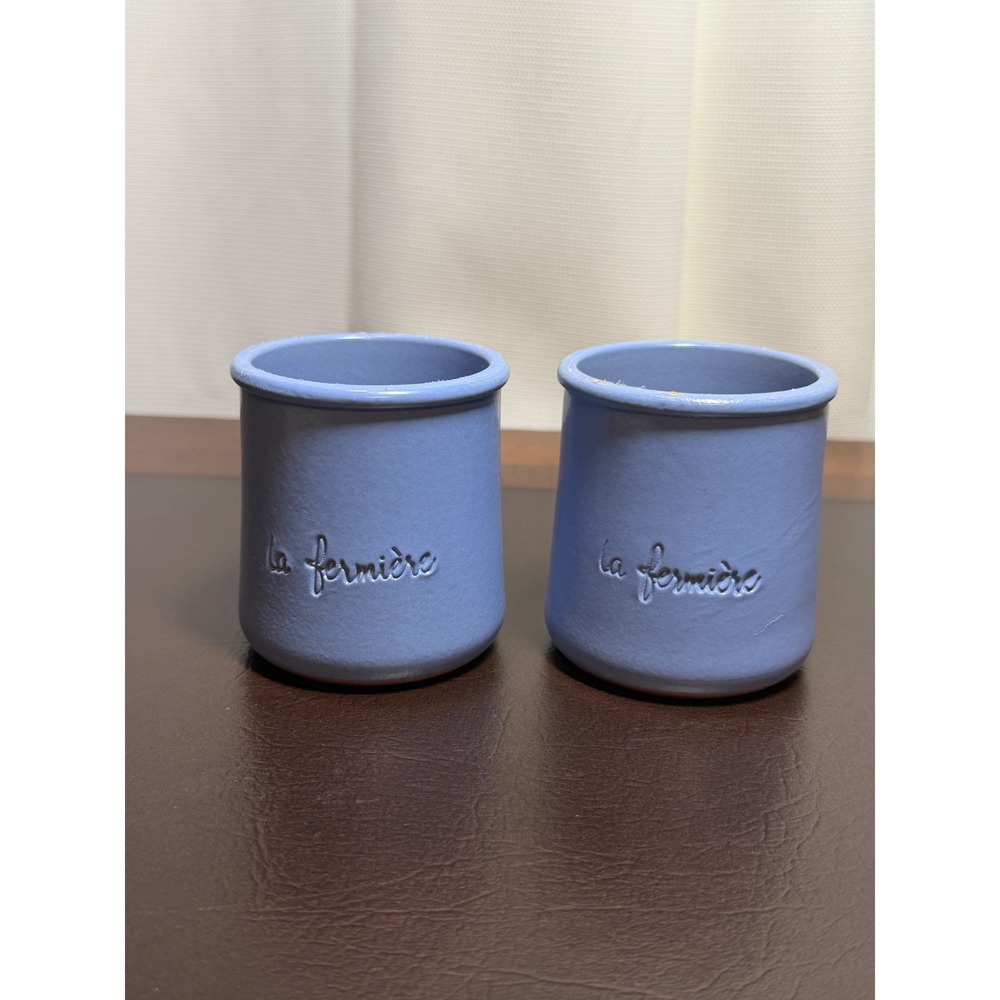 La Fermiere French Yogurt Pots Terracotta Blue Matte Crocks Set of 2